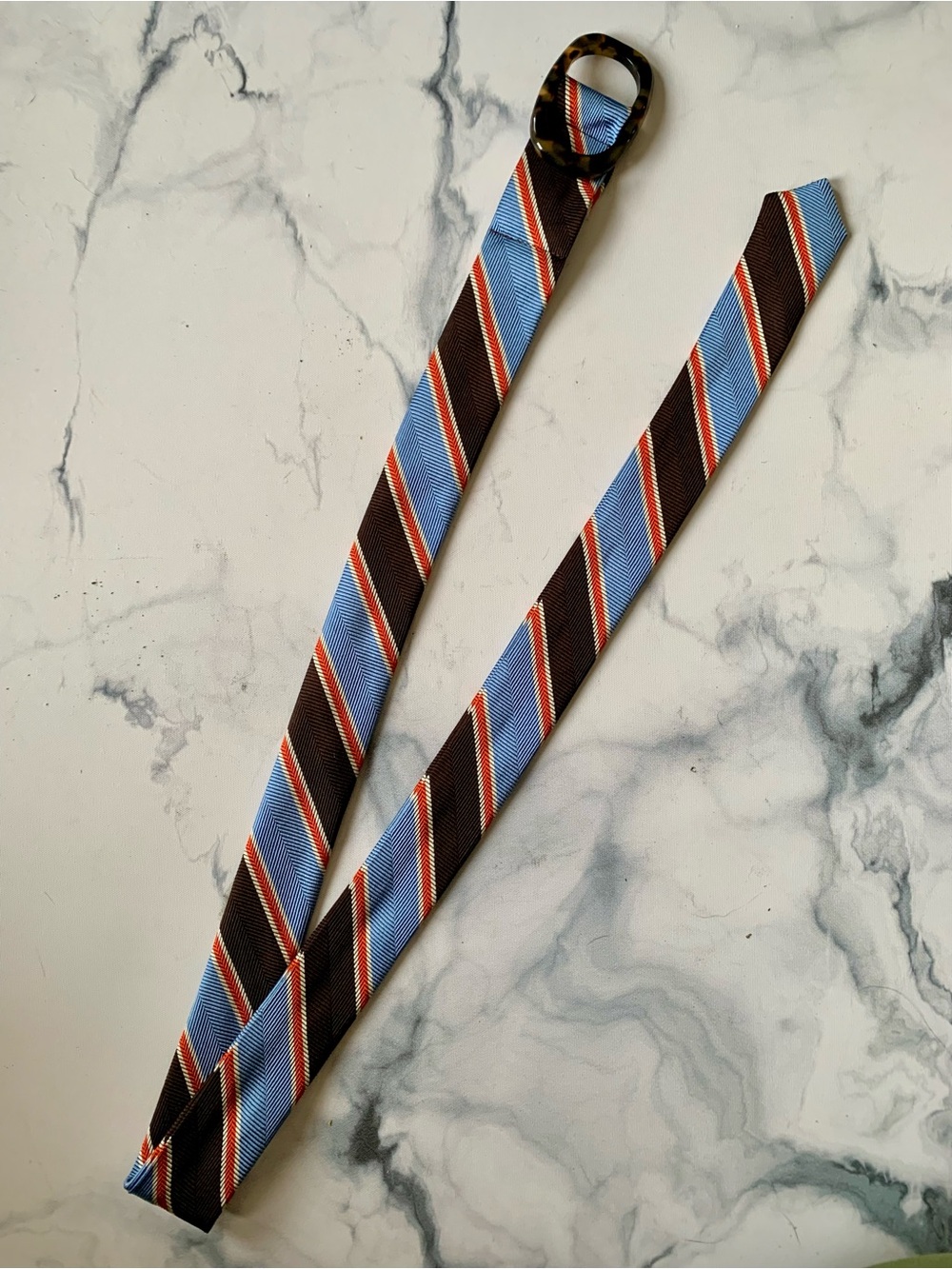 J.Crew Women’s Diagonal Stripe Silk Belt Tortoise Resin Buckle Blue/Brown/Orange